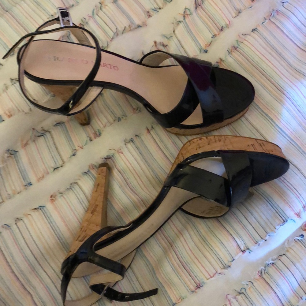 Black strappy high heels with cork